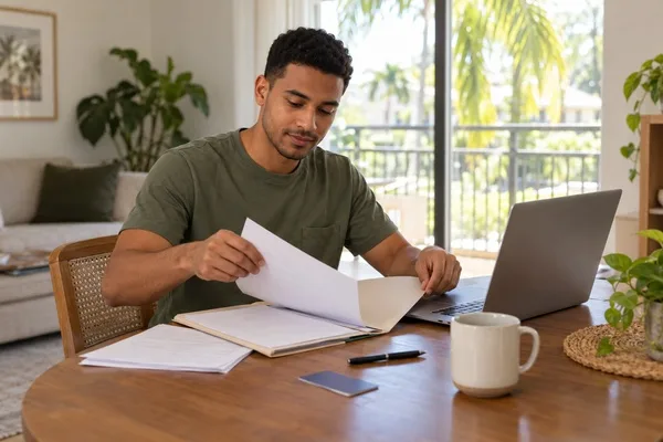 Renter organizes application documents in a folder beside a laptop at a dining table.