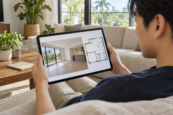 Prospective renter views an apartment interior photo and floor plan on a tablet while seated on a sofa.