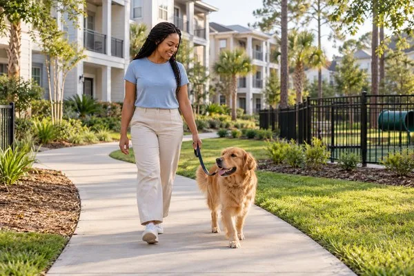 Resident walks a golden retriever along a landscaped apartment path beside a fenced dog exercise area.